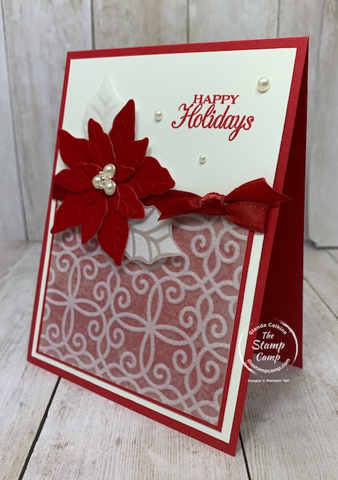 Another Poinsettia Petals card this time for a sketch challenge. I'm loving the Red Velvet for these Poinsettias and the flocking vellum is beautiful with it as well. Details can be found on my blog here: https://wp.me/p59VWq-bya. #stampinup #poinsettia #thestampcamp #christmascard