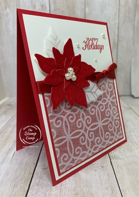 Another Poinsettia Petals card this time for a sketch challenge. I'm loving the Red Velvet for these Poinsettias and the flocking vellum is beautiful with it as well. Details can be found on my blog here: https://wp.me/p59VWq-bya. #stampinup #poinsettia #thestampcamp #christmascard