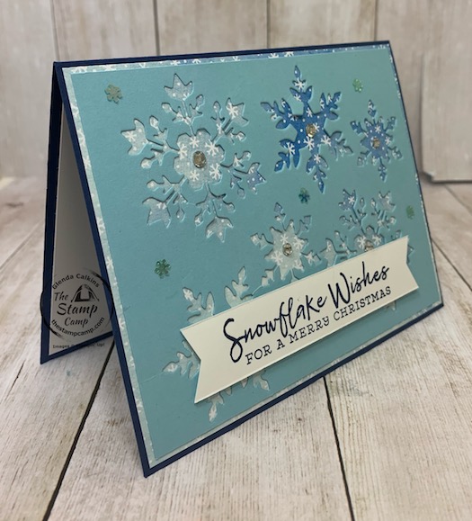 The Snowflake Wishes Bundle is my featured stamp set for October and this was actually laying in my trash remnants from another card; well as I saw it laying in the trash I thought hmmm that would look pretty cool on a card front actually. Details can be found on my blog here: https://wp.me/p59VWq-bxJ. #stampinup #snowflakewishes #thestampcamp #christmas
