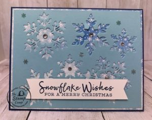 The Snowflake Wishes Bundle is my featured stamp set for October and this was actually laying in my trash remnants from another card; well as I saw it laying in the trash I thought hmmm that would look pretty cool on a card front actually. Details can be found on my blog here: https://wp.me/p59VWq-bxJ. #stampinup #snowflakewishes #thestampcamp #christmas