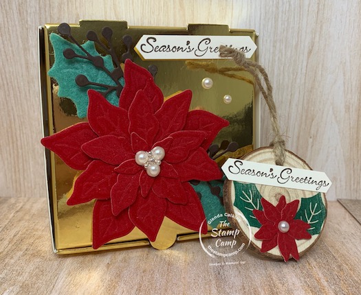 I love the Poinsettia Petals Bundle with the Red Velvet Paper oh so pretty! Pair it with the Gold Boxes and Oh My Gosh what a beautiful gift box. Inside is a handmade ornament using the Poinsettia Petals and some wood ornaments I found on Amazon. #thestampcamp #stampinup #christmasornament #ornament