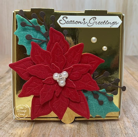 I love the Poinsettia Petals Bundle with the Red Velvet Paper oh so pretty! Pair it with the Gold Boxes and Oh My Gosh what a beautiful gift box. Inside is a handmade ornament using the Poinsettia Petals and some wood ornaments I found on Amazon. #thestampcamp #stampinup #christmasornament #ornament
