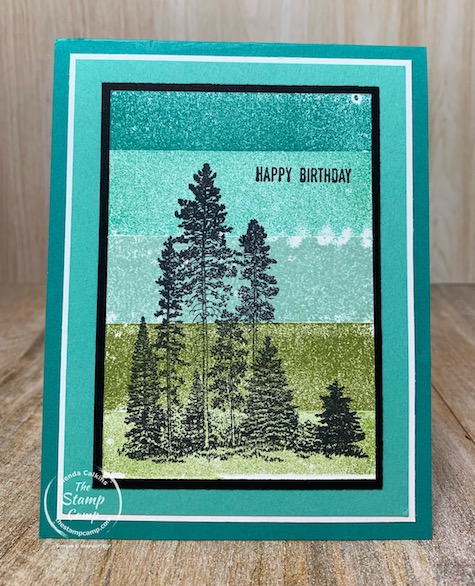 Have you ever tried the Painters Tape Technique for creating a scenic background? This was the first time I gave it a try and I really like how they turned out. After creating my background I pulled out my Campology stamp set and stamped that over the top. Pretty Cool technique! #stampinup #thestampcamp #technique