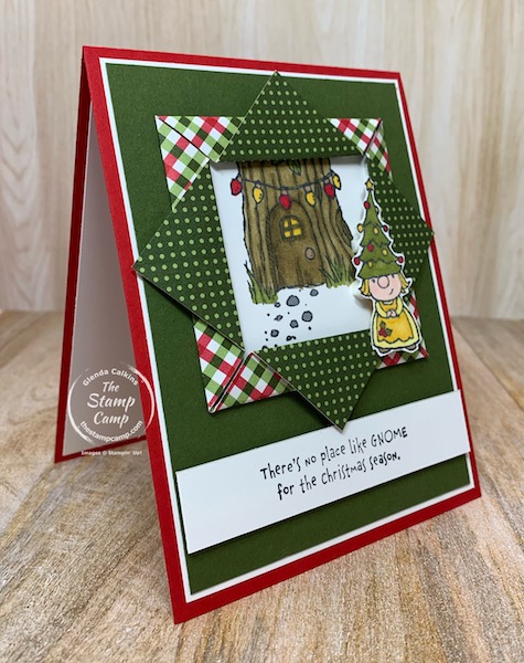 The Stampin' Up! Gnome for the Holiday's Stamp Set is perfect for this Fun Fold Friday Card. This is a Folded Paper Frame Technique. An oldie but a super sweet technique and card. #thestampcamp #stampinup #funfold