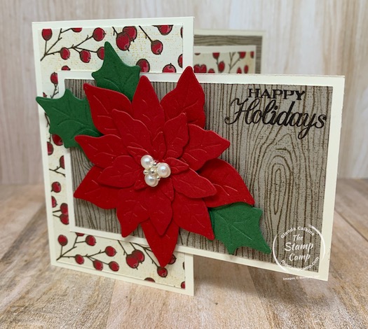 It's Fun Fold Friday and today's card is a Front Flip Flop card. You will see why I say that when you see how this card opens up. This is a fun card that uses 1 sheet of 8 1/2" X 11" piece of card stock. The gorgeous prints on this card are from the Poinsettia Place Designer Series Paper and the coordinating Poinsettia Petals Bundle was used. #funfold #stampinup #thestampcamp