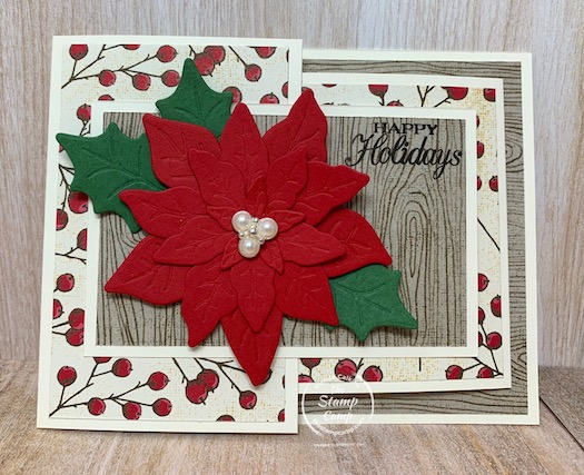 It's Fun Fold Friday and today's card is a Front Flip Flop card. You will see why I say that when you see how this card opens up. This is a fun card that uses 1 sheet of 8 1/2" X 11" piece of card stock. The gorgeous prints on this card are from the Poinsettia Place Designer Series Paper and the coordinating Poinsettia Petals Bundle was used. #funfold #stampinup #thestampcamp