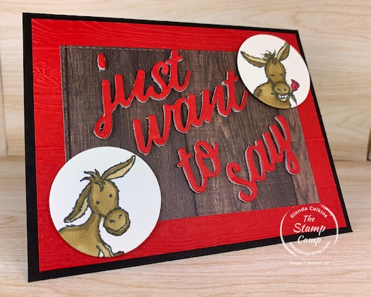 When I looked at the sketch for the Saturday Sketch Challenge I thought of the Darling Donkeys FREE Sale-a-bration stamp set. I paired it with the In Good Taste Designer Series Paper and the words are from the Floral Gallery Dies. #darlingdonkeys, #thestampcamp #stampinup #saleabration