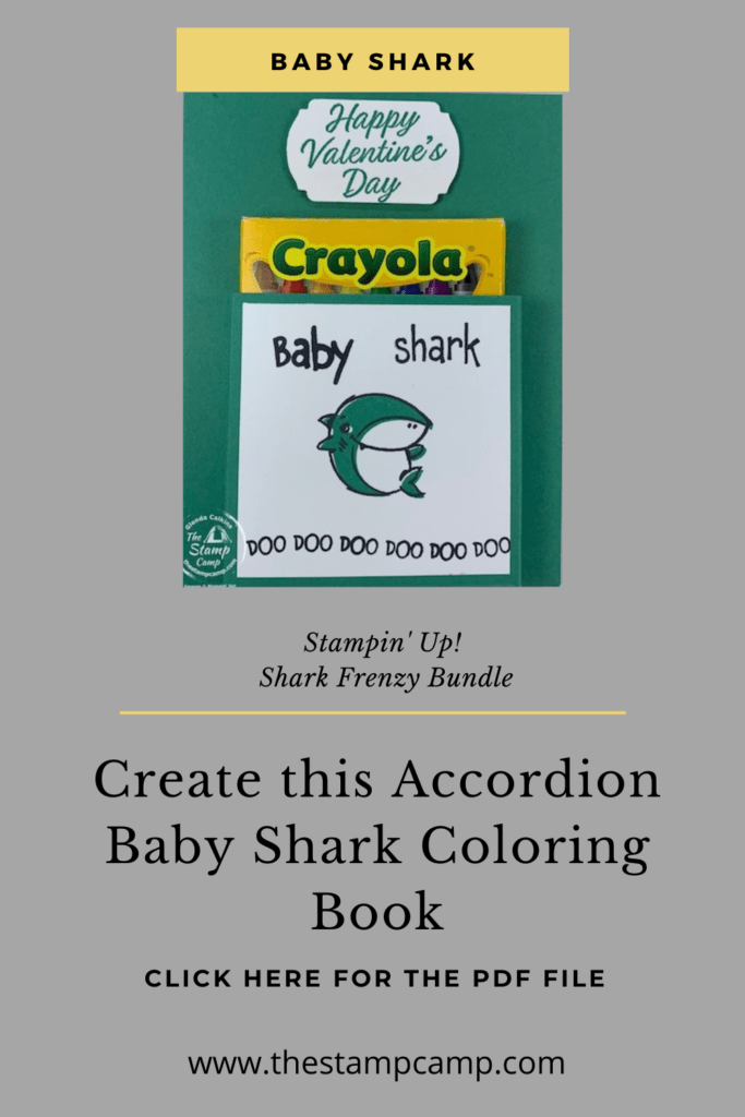 Make It Monday Accordion Baby Shark Coloring Book! A great handmade gift for Valentine's Day, Birthday's etc. The kids will love to color all the shark pages and the best part is the crayons are attached to the front. #thestampcamp #stampinup #babyshark #diy