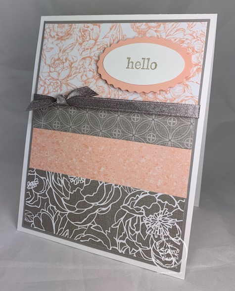 Saturday Sketch featuring the Peony Garden Designer Series Papers and the New Oval and Scallop Punch from the New January - June 2021 Mini. Stamp Set is Best Year from Stampin Up! #stampinup #thestampcamp #sketch