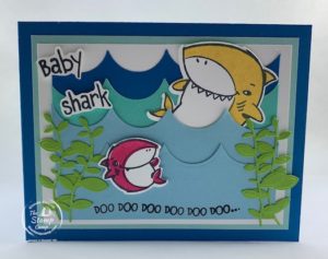 Shark Frenzy is the stamp set I'm using for this week's Fun Fold Friday card. It is called a W Fold as the inside pops out like a W when it is opened up. I can't get enough of this Baby Shark stamp set; so fun. #thestampcamp #funfoldfriday #stampinup #babyshark
