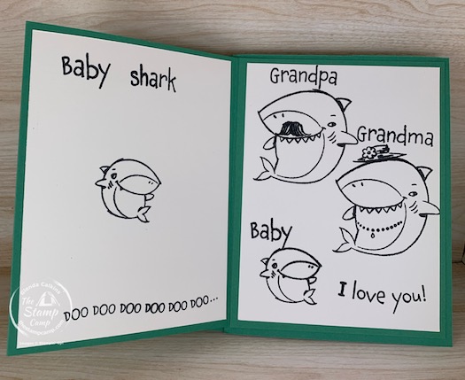 Make It Monday Accordion Baby Shark Coloring Book! A great handmade gift for Valentine's Day, Birthday's etc. The kids will love to color all the shark pages and the best part is the crayons are attached to the front. #thestampcamp #stampinup #babyshark #diy