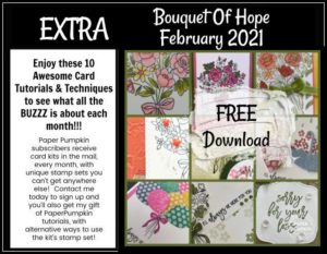 Are you a Paper Pumpkin Subscriber? Would you like a crafting kit delivered right to your door each and every month? Check out this FREE PDF file featuring the Bouquet of Hope February Paper Pumpkin Kit. This is a sample of what my subscribers receive from me each and every month. #thestampcamp #paperpumpkin #stampinup