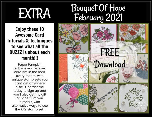 Are you a Paper Pumpkin Subscriber? Would you like a crafting kit delivered right to your door each and every month? Check out this FREE PDF file featuring the Bouquet of Hope February Paper Pumpkin Kit. This is a sample of what my subscribers receive from me each and every month. #thestampcamp #paperpumpkin #stampinup
