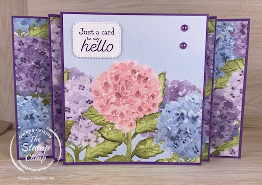 Fun Fold Friday - Today's fun fold card is what I like to call a Scenic Panel Accordion fun fold card. This fun fold works best with a 12" piece of designer paper as I like to spread out the scene across the front of the card. On this card I did use 2 different prints from the Hydrangea Hill Designer Series Paper but I did think the scene still flowed throughout the card. #thestampcamp #stampinup #funfold