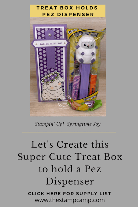 When I saw this little lamb Pez Dispenser I knew right away I was going to create something to hold it in. I created this box and used the little lamb from the Springtime Joy stamp set. It goes perfectly with this pez dispenser. #thestampcamp #stampinp #treatholder #easter